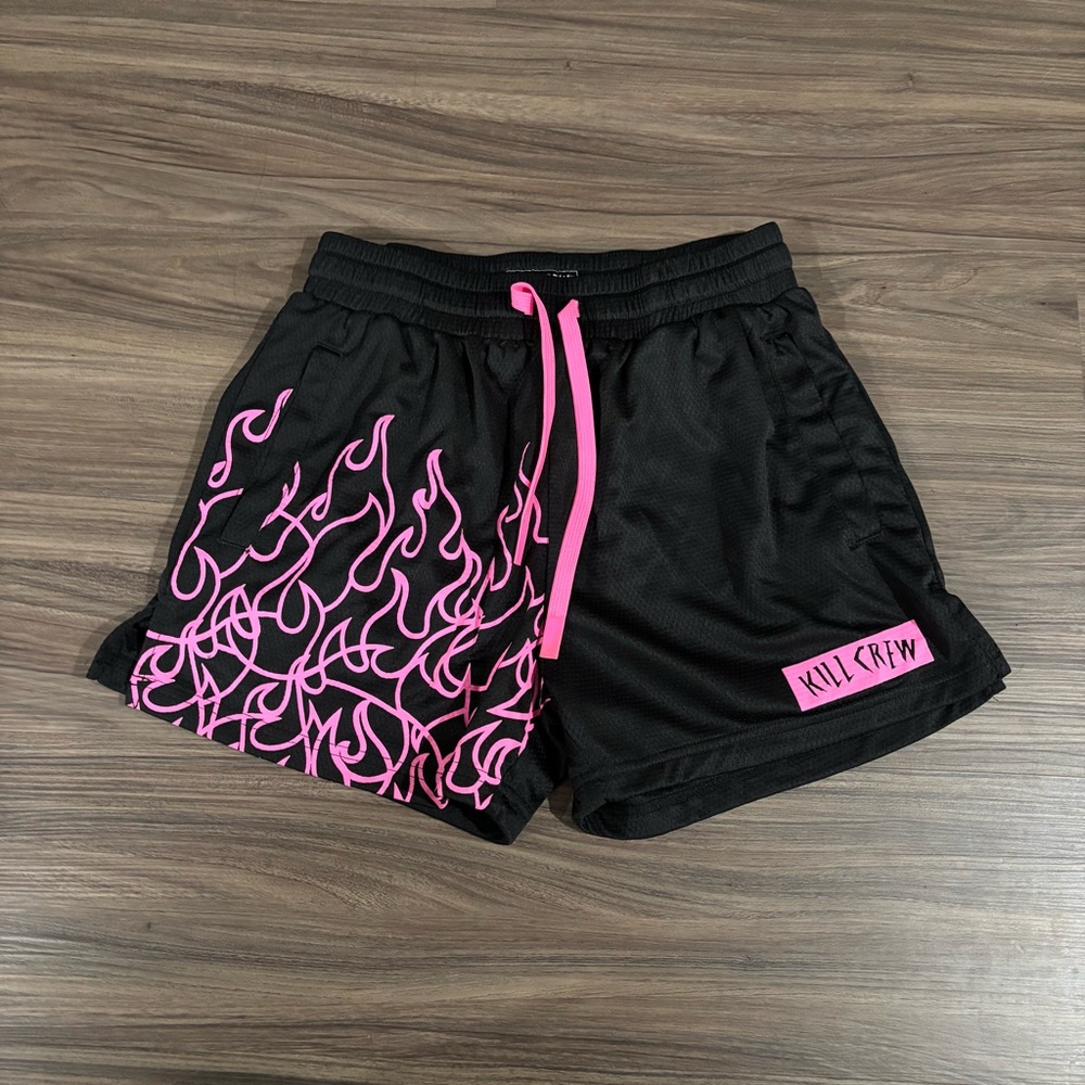 Kill Crew Black Athletic Shorts with Pink Flame Accents